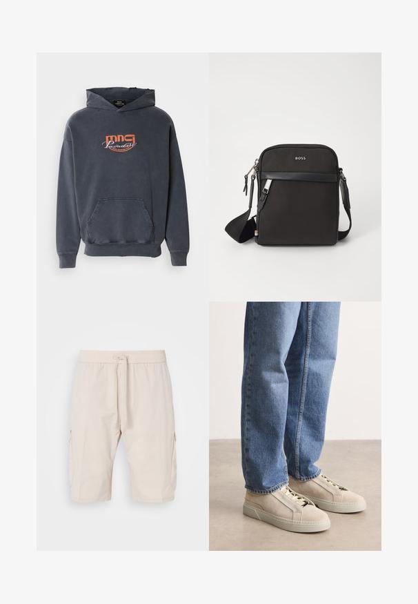 Mørkegrå hoodie med en frontlomme, snoretræk i hætten og orange grafisk logo "mmg Paradise Disco Dancing Club" på brystet. Fabric i bomuldsblanding.; Beige cargoshorts med elastisk talje og snor, der har to sidelommer og et glat, let materiale.; BOSS GARYTENN_SDHDEL - Sneakers - natural ten; Sort crossbody taske med et struktureret stof, logo på fronten, lynlås lukning og justerbar rem. Har en glat læderkant.