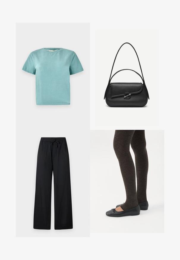 Kortærmet t-shirt med rund hals i let teal bomuldsstof. Har et enkelt, udekoreret design med syede kanter.; Svarte bukser med vide ben lavet af blødt stof med elastisk talje og snøre, med to forlommer og en glat tekstur.; Ben iført mørke ribbede leggings kombineret med sorte balletsko med små sløjfedetaljer på hvid baggrund.; Sort læderhåndtaske med afrundede kanter, asymmetrisk klap, metalcirkulært spænde samt både korte og lange skulderstropper.