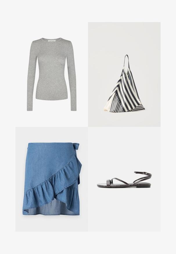 Sofie Schnoor SOFIE SCHNOOR - Langærmet T-shirt - grey mel; Lysblå denimwrapnederdel med volangkant og bindebånd i taljen. Glat tekstur og en svævende silhuet.; Flad sort sandal med tynde, teksturerede remme, inklusive en tå-løkke og en justerbar ankelrem med spænde.; Sort-hvid stribet trekantet stofpose med en enkelt skulderrem, stående oprejst på en ensfarvet lys baggrund.