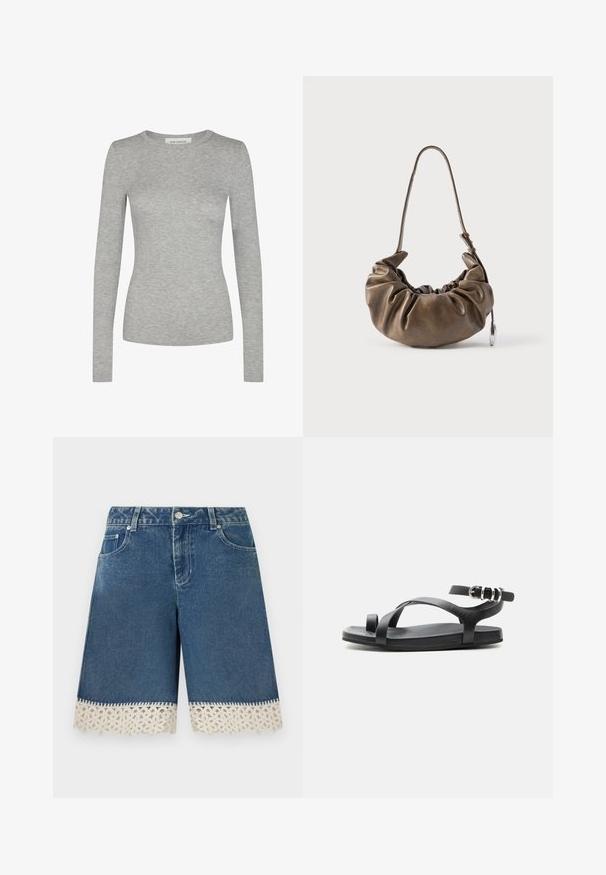 Sofie Schnoor SOFIE SCHNOOR - Langærmet T-shirt - grey mel; Denimshorts med forlommer og knaplukning, med hvidt blomsterblonde langs kanten.; Sort flad sandal med tynd tåstrop, krydsede remme og justerbar ankelrem med sølvspænde, vist mod ensfarvet baggrund.; Brun lædertaske med et rynket design, blød tekstur, enkelt justerbart rem og en sølvaccent. Kompakt, rundet form.
