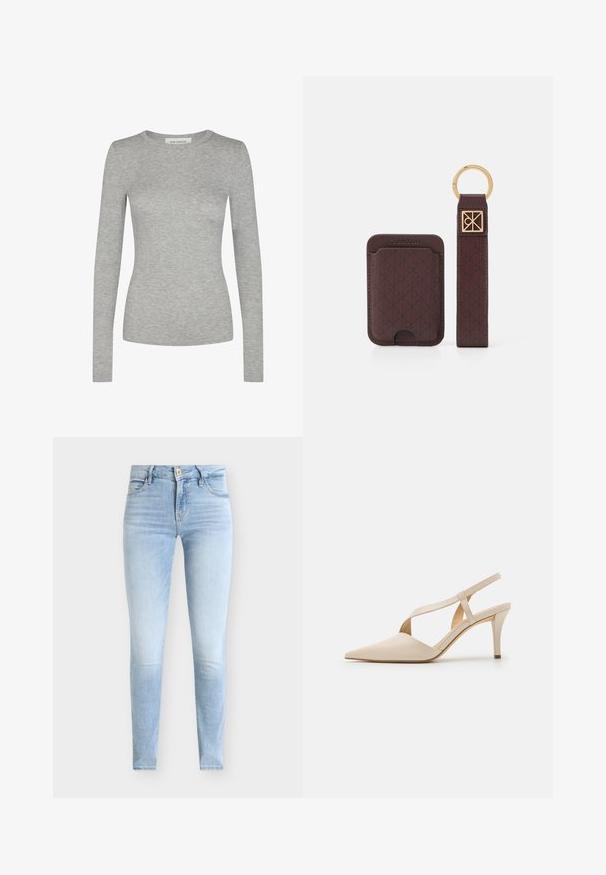 Sofie Schnoor SOFIE SCHNOOR - Langærmet T-shirt - grey mel; Lyseblå skinny jeans med knap- og lynlåslukning, for- og baglommer og let falmede områder på lår og knæ.; Beige slingback hæle med spidse tå. Lavet af glat materiale, med en slank hæl og krydsrem detalje for sikker pasform.; Brun læder kortholder med et geometrisk prægning, parret med et rem med en guldring og en dekorativ logoaccent.