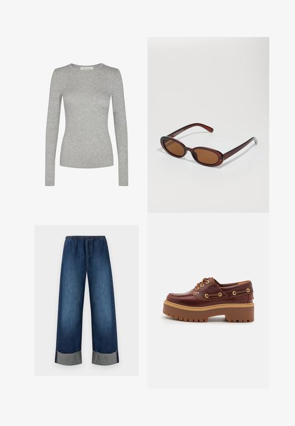 Sofie Schnoor SOFIE SCHNOOR - Langærmet T-shirt - grey mel; Vidde mørkeblå denimjeans med elastisk talje, snøre og op-rullede frynsete kanter.; Brune læder bådsko med en kraftig brun gummisål, gyldne snørehuller og kontraststing. Har et logo på siden.; Runde, bruntonede solbriller med en glansfuld bordeauxramme. Slanke arme med diskret brandingdetalje. Flad linsedesign.