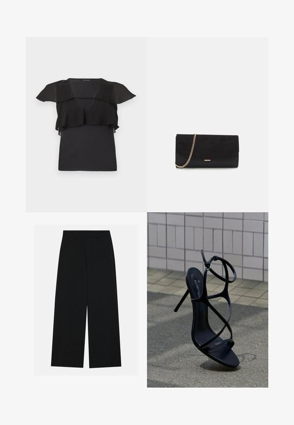 Haut noir sans manches avec détail froncé transparent sur les épaules et la poitrine, col en V et silhouette ajustée.; Pantalons noirs à jambe large en tissu lisse. Dotés d'une taille plate avec passants de ceinture et sans poches visibles. Design simple.; Sandale noire à talon haut avec fines lanières et boucle à la cheville, positionnée debout sur un trottoir gris près d'un mur carrelé en arrière-plan.; Porte-monnaie noir en daim avec une finition texturée, doté d'une chaîne dorée et d'un design épuré et angulaire.