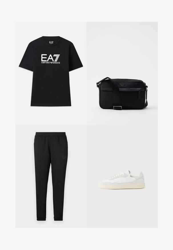 Zwarte T-shirt van katoen, met een ronde hals en korte mouwen. Geborduurd logo "EA7 EMPORIO ARMANI" in het wit op de voorkant.; Zwarte joggingsbroek van zacht weefsel, met een elastische tailleband, nauwsluitende boorden en een klein logo op de zijkant gedrukt.; Witte sneaker met een bovenwerk van gestructureerd suède en leer. Voorzien van een afgeronde neus, vetersluiting en een contrasterende beige rubberen zool.; Zwarte nylon schoudertas met een contrasterende schouderband, een slank rechthoekig ontwerp, een logo-detail en een ritszak aan de voorkant.