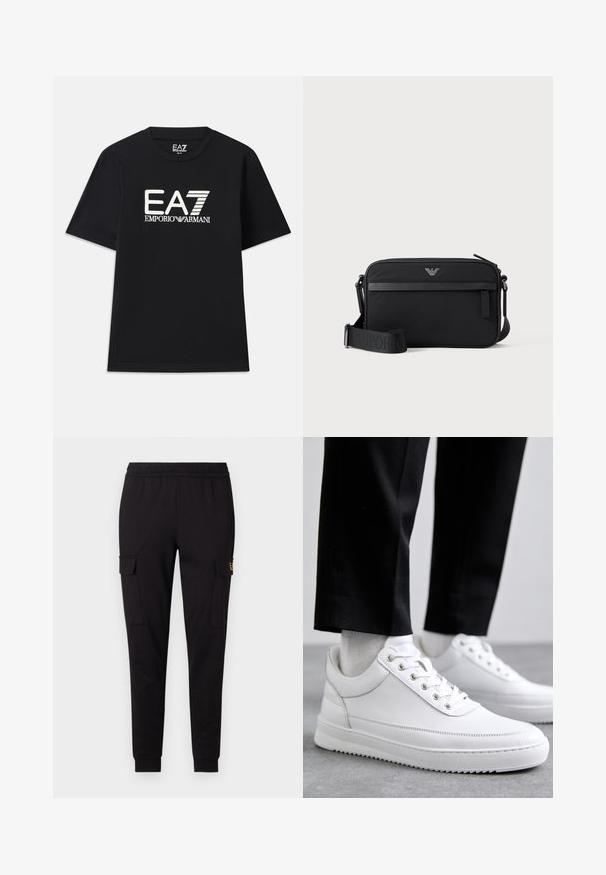 Must musta T-särk, mis on valmistatud puuvillast, ümmarguse kaelusega ja lühikeste varrukatega. Ees on valge tikandiga logo "EA7 EMPORIO ARMANI".; Mustad mustadest särk, mis on valmistatud pehmest kangast, kitsenevate jalgade kujundusega ja kahe külge nõgesepocketiga, millel on üksildane logo.; Valged nahast tennisetossud, millel on lame kummist tallapool, sile viimistlus, ümar varvas ja metallist silmadega paelte jaoks. Kantud mustade pükstega.; Must ristkülikukujuline õlakott, esiosal luku tasku, reguleeritav rihm ja väike metallist logo ülaservas keskel.