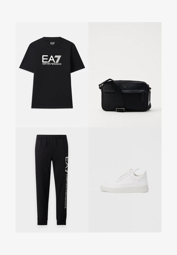 Sort t-shirt lavet af bomuld, med rund hals og korte ærmer. Broderet logo "EA7 EMPORIO ARMANI" i hvid på fronten.; Sorte sweatpants lavet af en bomuldsblanding, med elastisk talje, smalle ben, ribbede manchetter og hvidt logo print langs siden.; Hvid lædersneaker med rundet tå, flad sål og snørebånd foran. Har syningsdetaljer og polstret krave for komfort.; Sorte nylon skuldertaske med en kontrasterende rem, slank rektangulær form, logo detaljer og en lynlåslomme på forsiden.