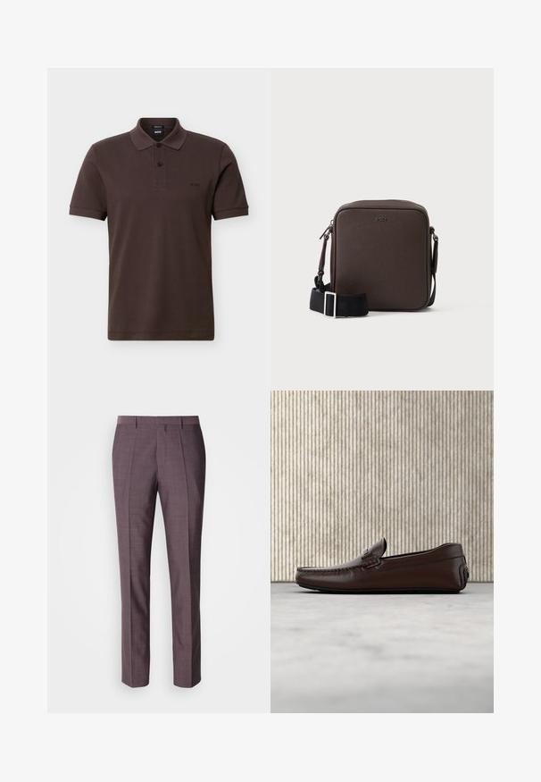 Polo marron à manches courtes avec col, deux boutons, et petit logo brodé "BOSS" sur la poitrine gauche.; Pantalons sur mesure pour hommes dans une teinte violette douce, présentant une texture lisse, une coupe droite et des plis avant pour un détail supplémentaire.; Mocassins en cuir marron avec une finition lisse, des coutures de style mocassin, un bout rehaussé et une semelle en caoutchouc basse et flexible.; Petit sac bandoulière en cuir marron avec une bandoulière noire réglable et des boucles argentées, embossé avec le logo BOSS au centre devant.