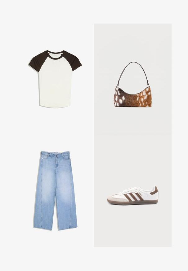 T-shirt raglan à manches courtes avec manches et col noirs, et corps blanc, posé à plat sur un fond blanc.; Jean en denim bleu clair taille haute à jambes larges avec poches avant et arrière, passants de ceinture, fermeture par bouton et zip.; Baskets Adidas Samba blanches avec des bandes en daim marron, semelle en caoutchouc marron et bout en daim beige, vues du côté extérieur sur un fond uni.; Sac à bandoulière en fausse fourrure tachetée marron et blanche avec une fine sangle noire, présenté sur un fond blanc.