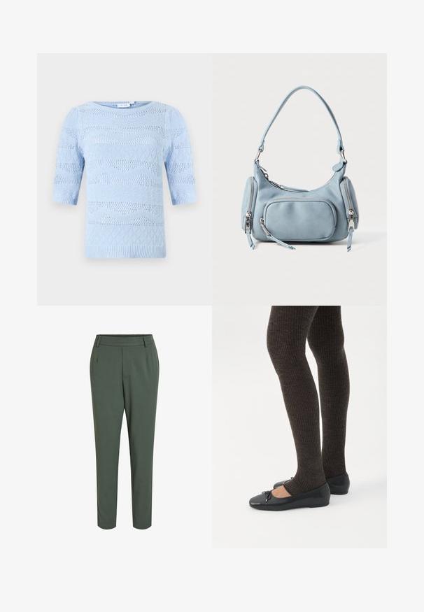 Suéter de punto azul claro con mangas cortas, que presenta patrones de textura variados y bordes acanalados. Cuello redondeado y diseño transpirable.; Pantalones tapered verdes con una cinturilla plana, confeccionados con una tela suave, que presentan pinzas delanteras y un acabado limpio en el tobillo.; Piernas con leggings oscuros acanalados combinados con bailarinas negras que presentan pequeños detalles de lazo sobre un fondo blanco.; Bolso de mano de cuero azul claro con forma redondeada, dos bolsillos con cremallera, un asa corta y acentos de hardware en plata. Textura suave.