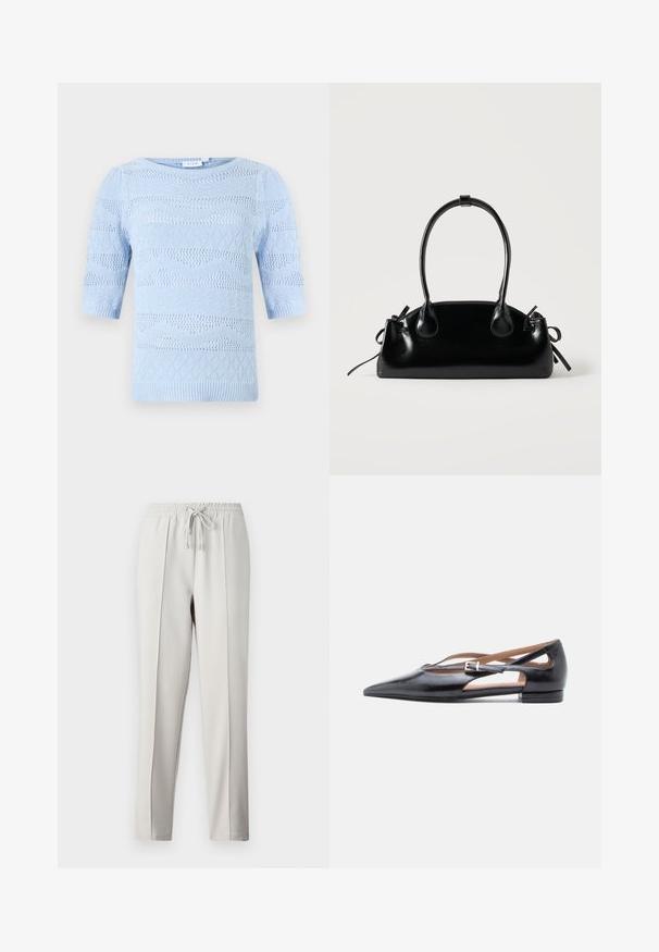 Suéter de punto azul claro con mangas cortas, que presenta patrones de textura variados y bordes acanalados. Cuello redondeado y diseño transpirable.; Pantalones jogger de color gris claro con cintura elástica, cordón y costuras laterales. Confeccionados en una tela suave para un ajuste relajado.; Zapatos planos de cuero negro con punta afilada, lados abiertos y una pequeña correa en el tobillo con un detalle de hebilla plateada.; Pequeño bolso negro brillante con dos asas largas y detalles de cordón lateral sobre un fondo claro liso.