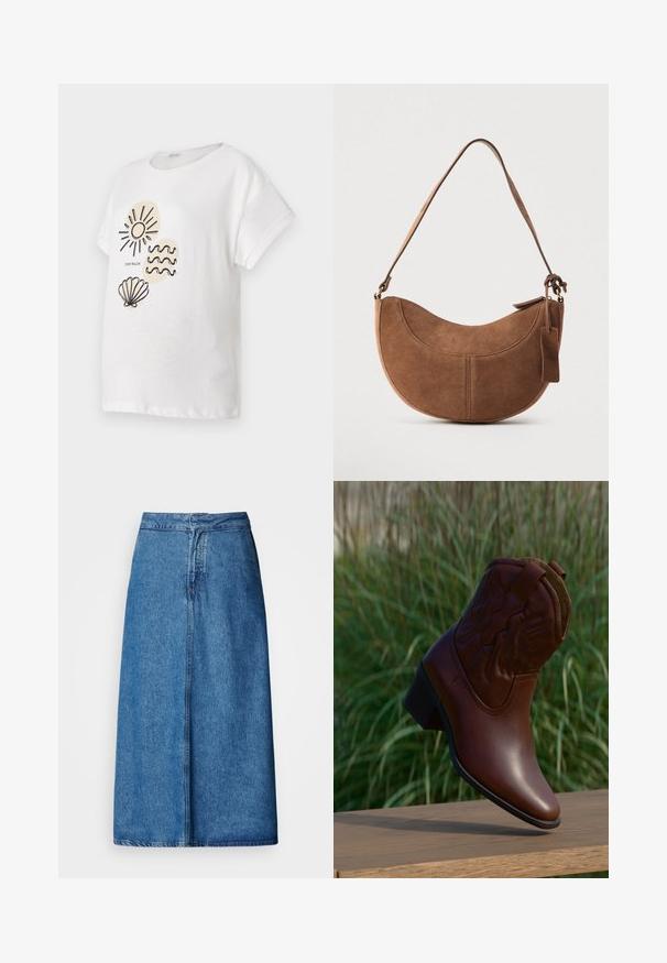 Hvid bomulds T-shirt med korte ærmer, der har sorte stregtegninger af en sol, bølger og en musling på forsiden.; Denim midi-nederdel med afslappet pasform, høj talje, frynset kant og ensfarvet blå. Enkel design uden synlige udsmykninger.; Brun læder cowboystøvle med dekorative syninger, vinklet opad på en træflade med sløret grønt græs i baggrunden.; Brun ruskinds håndtaske med en buet, halvmåneformet silhuet. Har en skulderrem, et lille mærke og synlige sømme langs kanterne.