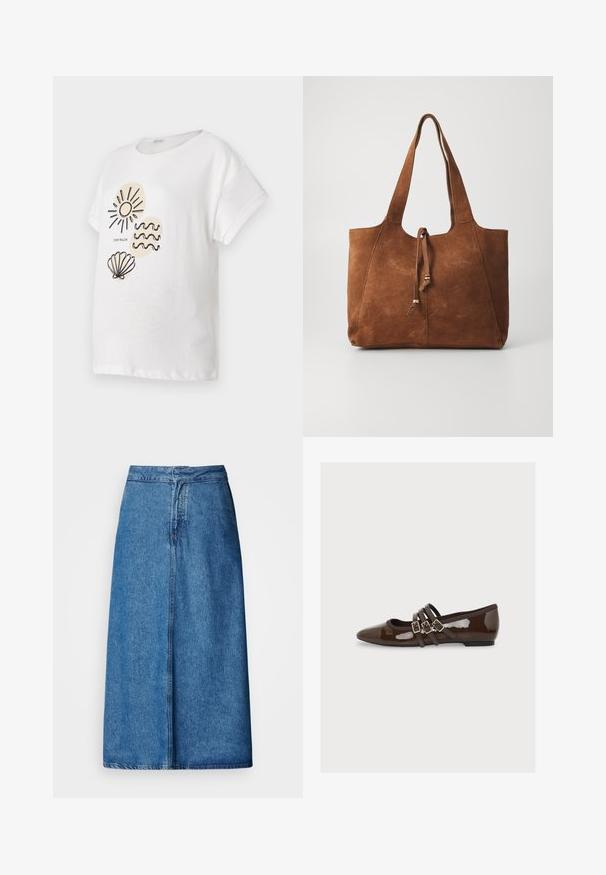 Hvid bomulds T-shirt med korte ærmer, der har sorte stregtegninger af en sol, bølger og en musling på forsiden.; Denim midi-nederdel med afslappet pasform, høj talje, frynset kant og ensfarvet blå. Enkel design uden synlige udsmykninger.; Mørkebrun laklæder flad sko med spids tå og tre tynde remme med guldspænder hen over toppen.; Brun ruskinds tote bag med to lange håndtag, snøre lukning og glat tekstur. Har et enkelt design og minimale accenter.