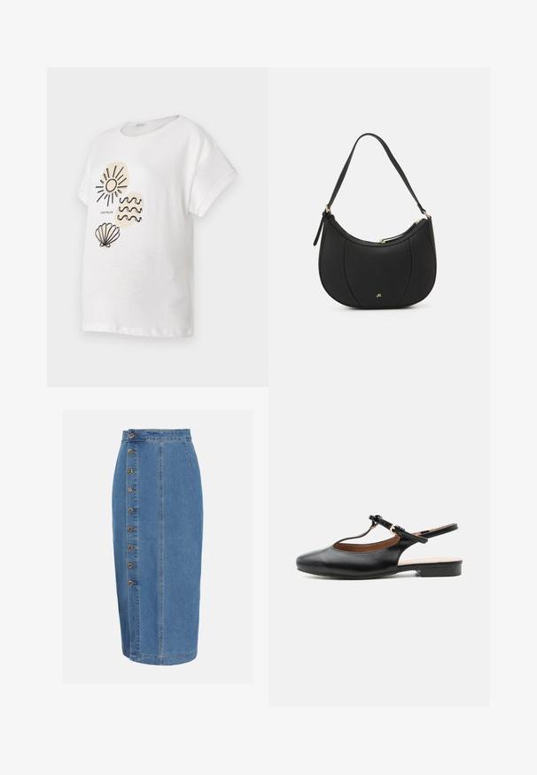 Witte katoenen t-shirt met korte mouwen, voorzien van zwarte lijntekeningen van een zon, golven en een schelp aan de voorkant.; Blauwe denim midi rok met hoge taille, een zijsluiting met acht metalen knopen en verticale naaddetails.; Zwarte leren platte slingbackschoen met T-bandje en gouden gesp op een neutrale achtergrond.; Zwarte leren handtas met een gebogen vorm, textuuroppervlak, voornaden en een logo in goudkleur. Beschikt over een enkele verstelbare schouderband.