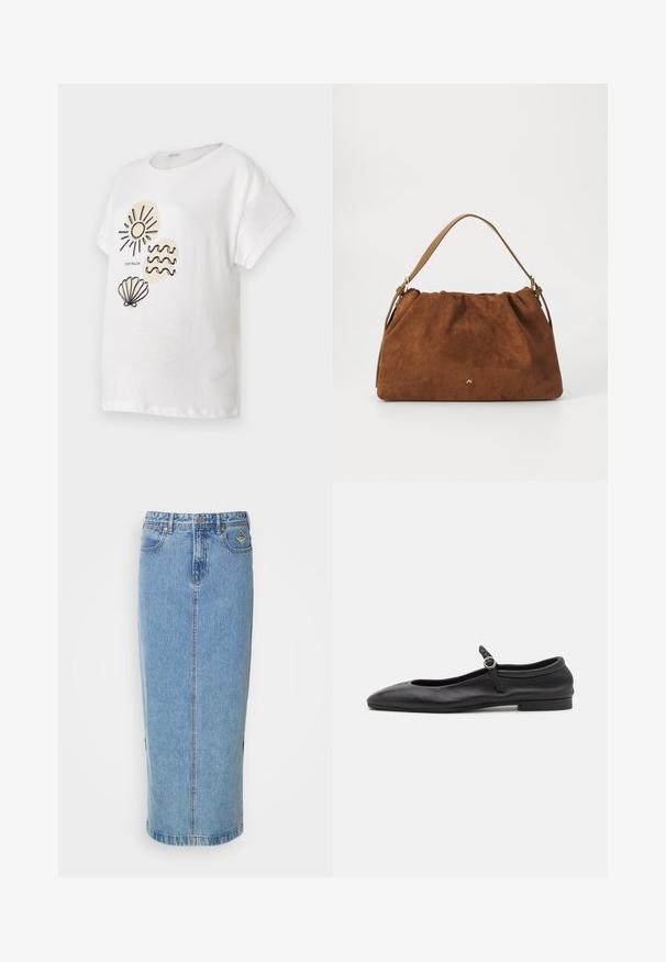 Hvid bomulds T-shirt med korte ærmer, der har sorte stregtegninger af en sol, bølger og en musling på forsiden.; Lysblå denim midi-nederdel med lige silhuet, frontknaplukning og sidelommer. Har diskret syning og et mærke patch.; Sorte læder balletflade med en rund tå, smal vamp og en lille ankelrem med en cirkulær spænde. Lav, flad sål.; Brun ruskind handbag med en samlet design, der har en enkelt tan læderstrop og en subtil guld logo detalje på fronten.