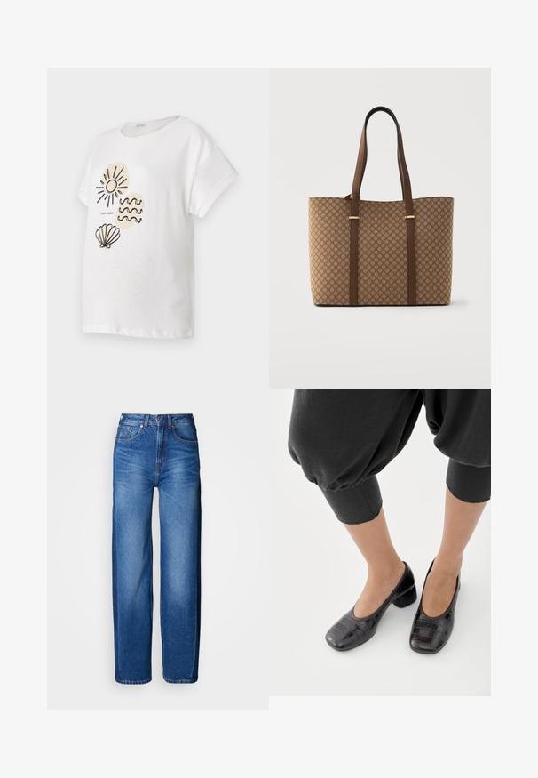 Weißes Baumwoll-T-Shirt mit kurzen Ärmeln, das auf der Vorderseite schwarze Linoskizzen einer Sonne, Wellen und einer Muschel zeigt.; Blaue Jeans mit weitem Bein und hoher Taille aus Denim, ausgestattet mit fünf Taschen, Gürtelschlaufen und dezentem Verblassen, mit hellerer Naht versehen.; Füße, die schwarze, quadratische Schuhe mit niedrigem Blockabsatz und Krokodilmuster sowie gekürzte schwarze Hosen vor weißem Hintergrund tragen.; Braune Tote-Tasche mit geometrischem Muster und dunkelbraunen vertikalen Riemen, dargestellt auf hellgrauem Hintergrund.