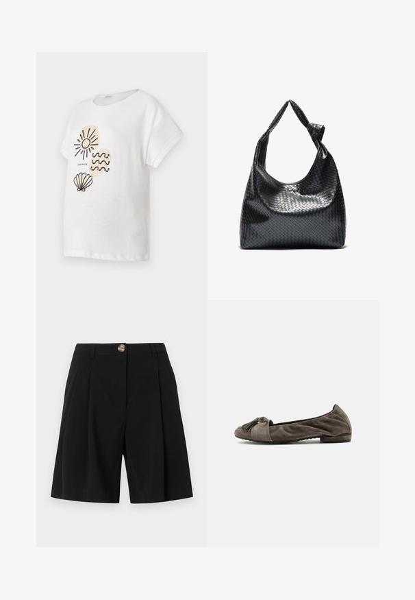 Weißes Baumwoll-T-Shirt mit kurzen Ärmeln, das auf der Vorderseite schwarze Linoskizzen einer Sonne, Wellen und einer Muschel zeigt.; Schwarze, knieumspielende, maßgeschneiderte Shorts mit vorderen Falten, Gürtelschlaufen und einem einzelnen braunen Knopfverschluss an der Taille.; Brauner Damenschuh aus Wildleder mit kleinem Absatz und Quastenverzierung an der abgerundeten Spitze, seitlich auf weißem Hintergrund gezeigt.; Schwarze gewebte Lederhandtasche mit lässigem Design, ausgestattet mit einem geknoteten Trageriemen und einem kleinen dekorativen goldenen Nagel am oberen Rand.