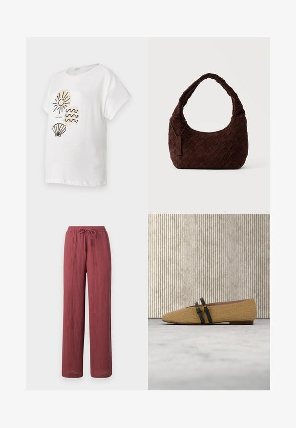 Hvid bomulds T-shirt med korte ærmer, der har sorte stregtegninger af en sol, bølger og en musling på forsiden.; Løse, lige bukser i struktureret støvet rosa stof med elastisk talje og justerbar snøre.; Beige vævet fladsko med to sorte stropper og gyldne spænder, vist på lys tæppe med brun rundt bord i baggrunden.; Mørkebrun vævet skuldertaske i læder med blød, afrundet form og bred hank, med et lille fastgjort lædermærke.