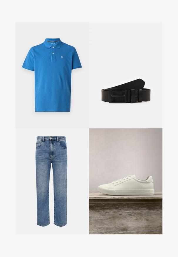Blå polo skjorte lavet af bomuld, med krave, to-knaps lukning, korte ærmer og et lille logo på brystet.; Blå denimjeans med lige ben, forlommer, bæltestropper, knaplukning og falmet vaskedetalje.; Hvide snørresneakers svævende over en træbænk med grønne planter i baggrunden, der fremhæver skodesign og tekstur.; Sort læderbælte rullet med en mat sort rektangulær metalspænde og to bæltesløjfer på en hvid baggrund.