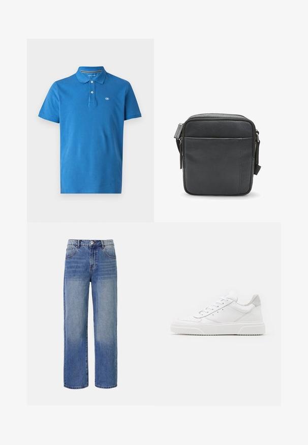 Blå polo skjorte lavet af bomuld, med krave, to-knaps lukning, korte ærmer og et lille logo på brystet.; Lys blå denim bred benjeans med et falme mønster, fem lommer og lynlås i gylpen. Har en knap og bæltestropper i taljen.; Hvide lædersneakers med en glat finish, rund tå, flade snørebånd og en struktureret sål. Grå ruskindsdetalje ved hælen.; Sort læder crossbody taske med en tekstureret finish, der har en top zip-lukning og en frontlomme med lynlås. Kompakt og kvadratisk design.