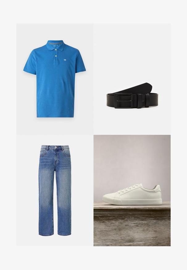 Blå polo skjorte lavet af bomuld, med krave, to-knaps lukning, korte ærmer og et lille logo på brystet.; Lys blå denim bred benjeans med et falme mønster, fem lommer og lynlås i gylpen. Har en knap og bæltestropper i taljen.; Hvide snørresneakers svævende over en træbænk med grønne planter i baggrunden, der fremhæver skodesign og tekstur.; Sort læderbælte rullet med en mat sort rektangulær metalspænde og to bæltesløjfer på en hvid baggrund.