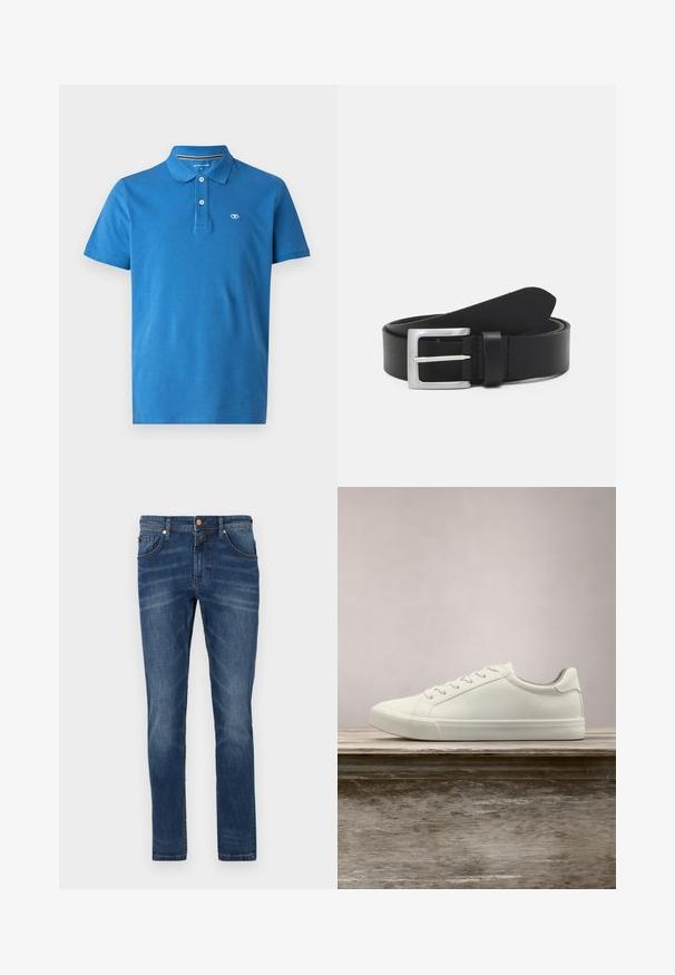 Blå polo skjorte lavet af bomuld, med krave, to-knaps lukning, korte ærmer og et lille logo på brystet.; Mørkeblå denim jeans med lige ben, fem lommer, subtile blegetoner, kontrastsyet og knaplukning i taljen.; Hvide snørresneakers svævende over en træbænk med grønne planter i baggrunden, der fremhæver skodesign og tekstur.; Sort læderbælte med en glat overflade, sølv rektangulær spænde og en løkke til enden. Har pæne stikninger langs kanterne.