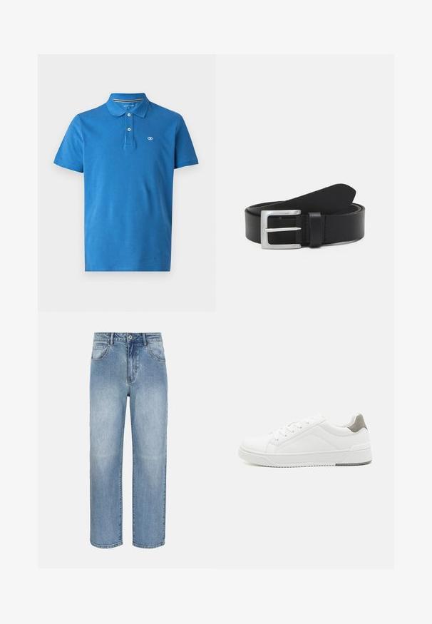 Blå polo skjorte lavet af bomuld, med krave, to-knaps lukning, korte ærmer og et lille logo på brystet.; Lyseblå, lige ben jeans med frontknap, lynlåslukning, bæltestropper og forlommer på en hvid baggrund.; Hvid sneaker lavet af glat læder, rund tå, minimalistisk design, grå hælafsats og tekstureret gummisål.; Sort læderbælte med en glat overflade, sølv rektangulær spænde og en løkke til enden. Har pæne stikninger langs kanterne.