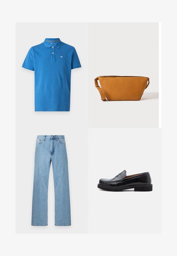 Blå polo skjorte lavet af bomuld, med krave, to-knaps lukning, korte ærmer og et lille logo på brystet.; Lyseblå straight-leg jeans i denim med fem-lomme-design og knaplukning i taljen, vist mod en ensfarvet baggrund.; Sorte læder penny loafer med chunky gummisål og moc toe syninger, vist i profil på en hvid baggrund.; Lys brun læder crossbody taske med justerbar rem og lynlås, vist mod en ensartet lys baggrund.