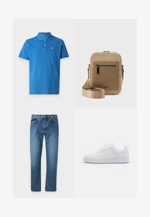 Camiseta polo azul hecha de algodón, con cuello, tapeta de dos botones, mangas cortas y un pequeño logo en el pecho.; Vaqueros de mezclilla azul claro con diseño de pierna recta, cinco bolsillos, cierre de botón y un ligero desgastado en la parte frontal.; Zapatillas blancas hechas de material sintético liso, con cordones planos, puntera perforada y suela de goma con un patrón de agarre texturizado.; Bolso pequeño beige tipo bandolera con bolsillo frontal con cremallera, logo metálico de ALDO, correa ancha ajustable y forma rectangular redondeada sobre fondo blanco.