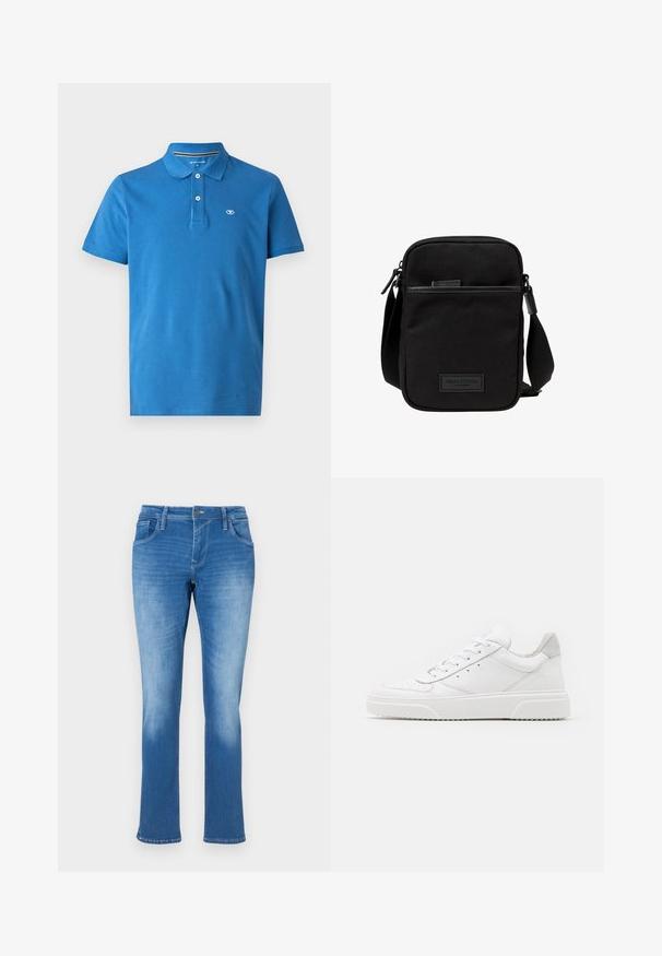 Camiseta polo azul hecha de algodón, con cuello, tapeta de dos botones, mangas cortas y un pequeño logo en el pecho.; Vaqueros de denim azul con un corte recto, que cuentan con cinco bolsillos, un cierre de cremallera y costuras en contraste. La tela tiene un lavado medio con decoloración.; Zapatillas de cuero blanca con un acabado suave, punta redondeada, cordones planos y una suela texturada. Acento de ante gris en el talón.; Bolso cruzado de tela negra con un compartimento principal con cremallera, acentos de cuero, bolsillo frontal y strap ajustable. Logo de Marc O'Polo visible.