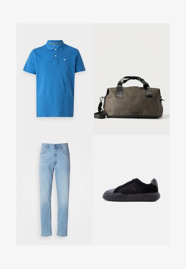 Blaues Polohemd aus Baumwolle, mit Kragen, zwei Knöpfen, kurzen Ärmeln und einem kleinen Logo auf der Brust.; Hellblaue Jeans mit geradem Schnitt, fünf Taschen und Gürtelschlaufen. Der Stoff hat eine glatte Textur mit einem leichten Verblassungseffekt.; Schwarzer Sneaker in Low-Top-Design mit dicker Sohle, Schnürverschluss vorne und dezente "cK"-Logo auf der Seitenpaneele.; Dunkelolivgrüne Seesacktasche mit schwarzen Ledergriffen und abnehmbarem Schulterriemen vor weißem Hintergrund.
