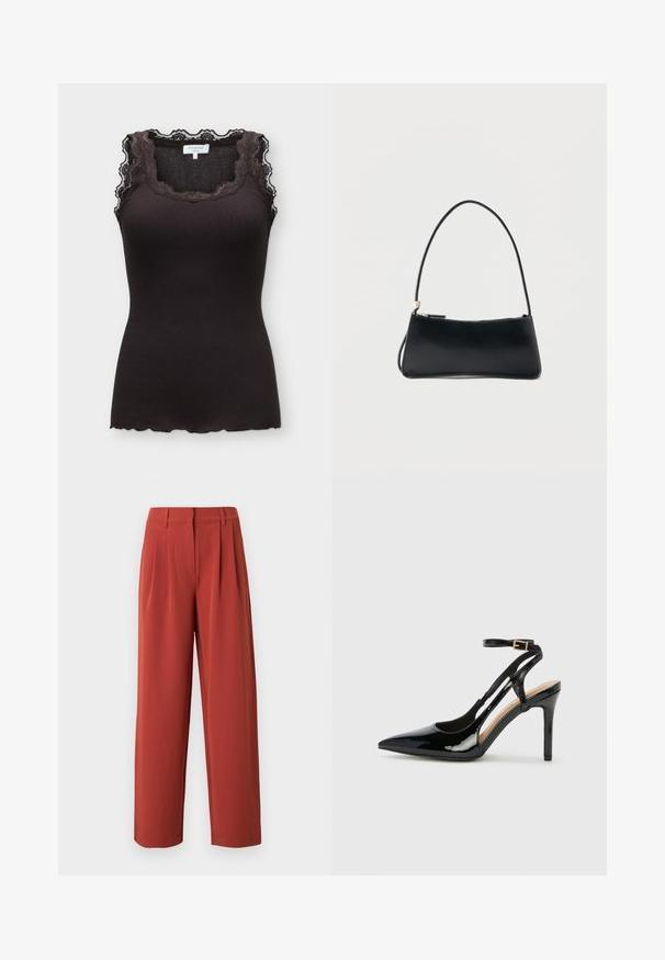 Top sans manches noir en maille côtelée avec bordure en dentelle autour du col et des épaules, doté d'un ourlet festonné et d'une étiquette de marque Rosemunde.; Pantalon ample taille haute de couleur rouille avec passants pour ceinture, plis devant et fermeture cachée à l'avant.; Escarpin en cuir verni noir à talon haut, avec un bout pointu, une bride réglable à la cheville et des côtés ouverts. Texture lisse.; Sac à main rectangulaire noir avec une fine bandoulière et fermeture éclair, présenté sur un fond blanc uni.