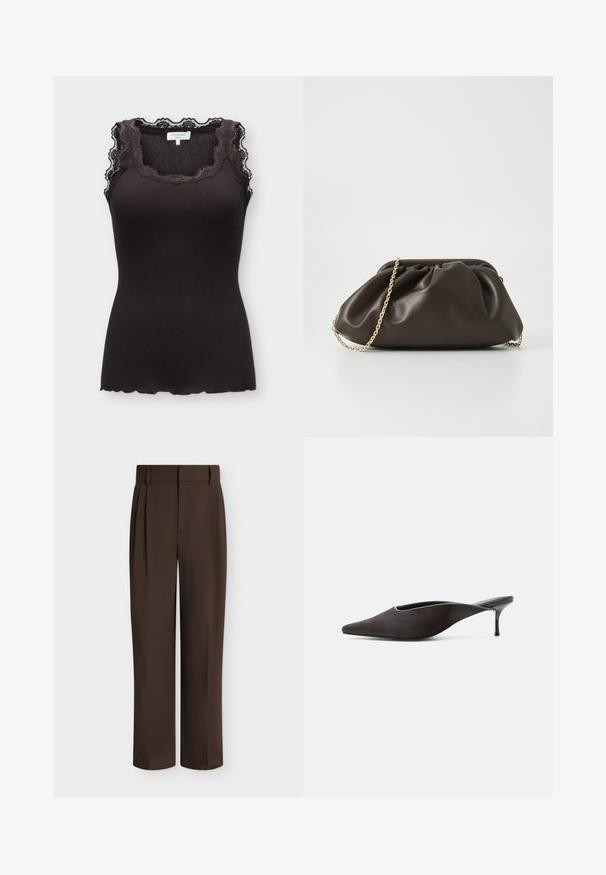 Top sans manches noir en maille côtelée avec bordure en dentelle autour du col et des épaules, doté d'un ourlet festonné et d'une étiquette de marque Rosemunde.; Pantalon formel coupe droite marron foncé avec passants de ceinture et plis à l'avant, présenté sur un fond clair uni.; Mule noire à bout pointu, talon stiletto bas et finition lisse et élégante, vue de profil sur fond blanc.; Sac à main en cuir marron avec un design froncé, une bandoulière en chaîne dorée et une finition douce et texturée. Sa forme compacte est idéale pour une utilisation en soirée.