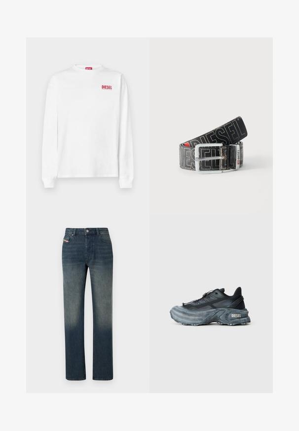 T-shirt en coton blanc à manches longues avec un logo rouge "DIESEL" sur le côté supérieur gauche de la poitrine. Encolure rond simple et coupe standard.; Jean en denim bleu à jambe droite avec lavage délavé, fermeture avant par bouton et fermeture éclair, et design à cinq poches.; Baskets Diesel noires et grises avec semelle épaisse, système de laçage à bascule et design texturé sur fond gris clair uni.; Ceinture noire Diesel avec grand texte logo blanc, boucle rectangulaire en argent, et détail de boucle métallique brandée, enroulée sur un fond clair.