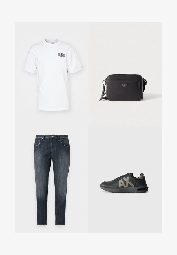 Hvid bomuld t-shirt med rund hals, korte ærmer og et lille sort logo på venstre bryst. Klassisk pasform og glat tekstur.; Mørkegrå slim fit denimjeans med forreste knap, lynlås, fem lommer og subtile falmede detaljer på lår og knæ.; Sort lædersneakers med rund tå, polstret krave og stort gråt "AX"-logo. Har en struktureret sål og diskret branding på hælen.; Sort tekstil crossover-taske med lynlåslukning, der har en frontlomme, logo-detalje og justerbar rem. Tekstureret overflade, rektangulær form.