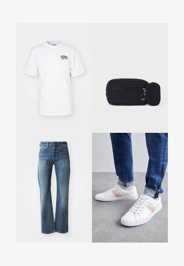 Witte katoenen t-shirt met een ronde hals, korte mouwen en een klein zwart logo op de bovenkant van de linkerborst. Klassieke pasvorm en gladde textuur.; Denim jeans in een licht tot gemiddeld blauwe kleur, met een recht gesneden pijp, klassiek vijf-pocket ontwerp en subtiele vervaging aan de voorkant.; Witte leren sneakers met meerkleurige strepen, vetersluiting, rubberen zool en gevoerd kraagje, gecombineerd met blauwe spijkerbroek.; Zwart rechthoekig tasje met ritssluiting aan de voorkant en een klein aangehecht afgerond tasje, tegen een effen lichte achtergrond.