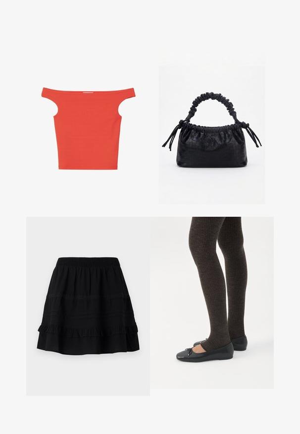 Haut rouge décoletté en tissu extensible. Présente des découpes aux épaules et une silhouette ajustée. Aucun motif ou matériel visible.; Jupe en coton noir avec un design à volants superposés, dotée d'une taille élastique et d'ornements en couture contrastée et en bandes de dentelle.; Jambes portant des leggings côtelés foncés associés à des ballerines noires avec de petits détails en nœud sur fond blanc.; Sac à main noir avec texture crocodile, bord supérieur froncé, poignée plissée et pompons à cordon de chaque côté sur fond blanc.