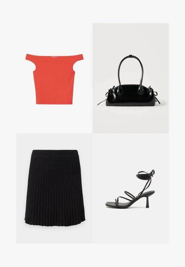 Haut rouge décoletté en tissu extensible. Présente des découpes aux épaules et une silhouette ajustée. Aucun motif ou matériel visible.; Jupe en tricot côtelé noire avec une large ceinture, présentant des plis verticaux et un ourlet évasé. Texture uniforme sur l'ensemble.; Sandale noire à lanières avec un bout carré, des liens de cheville réglables et un talon carré fin. Fabriquée en un matériau lisse et durable.; Petit sac à main noir brillant avec deux longues anses et des détails à cordon sur les côtés sur un fond clair uni.