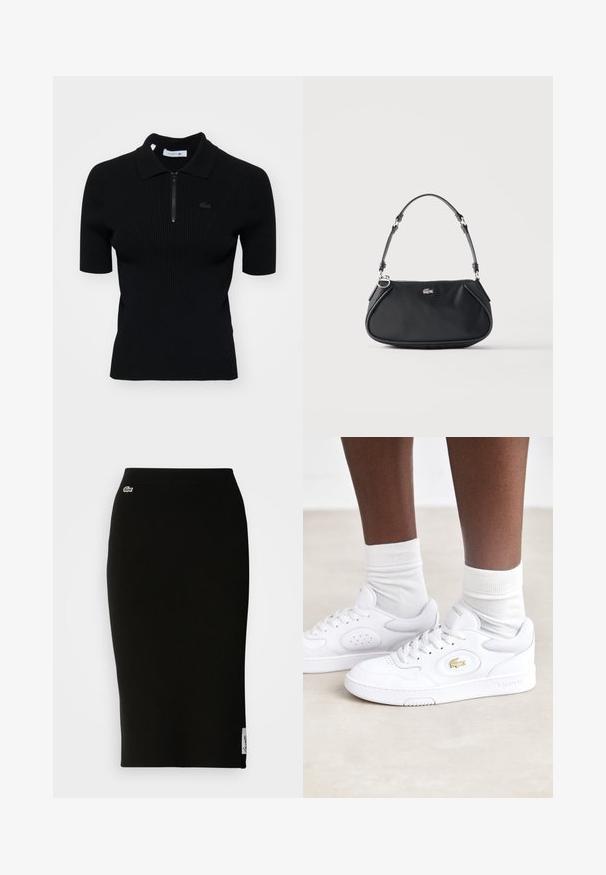 Sort ribbet polo shirt med korte ærmer, lynlås krave og en diskret logo detalje. Lavet af tekstureret strikmateriale.; Sort, ribbet strikket midiskørt med en tætsiddende silhuet. Lille Lacoste-logo detalje på livet, med en glat tekstur.; Hvide lædersneakers fra Lacoste med perforerede sidepaneler, guld logoaccent og struktureret hvid gummisål. Sammen med hvide sokker.; Sort skuldertaske med justerbar rem, lynlås og lille sølv krokodille logo foran i midten.