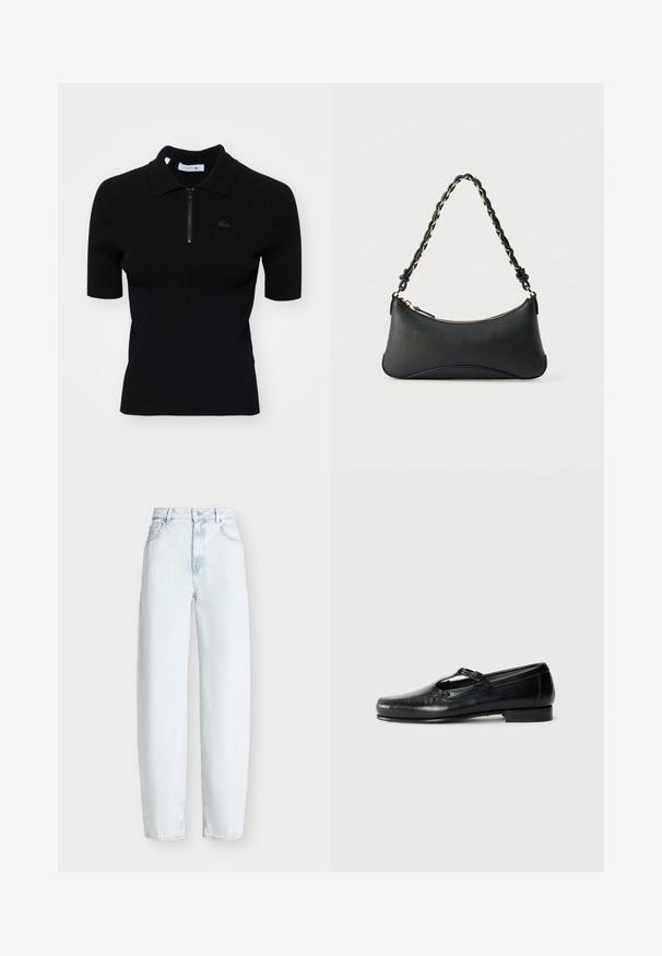 Schwarz gestreifter Poloshirt mit kurzen Ärmeln, Reißverschlusskragen und einem subtilen Logodetail. Hergestellt aus strukturiertem Strickmaterial.; Hellblaue, locker sitzende Jeans mit hoher Taille, Vordertaschen und Knopfverschluss vor einfarbigem Hintergrund.; Schwarze Lederloafer mit T-Riemen-Design, ausgestattet mit Nahtdetails am Rand und einem niedrigen, strukturierten Absatz.; Schwarze Lederschultertasche mit gewölbter rechteckiger Form, goldener Kette, die in den geflochtenen schwarzen Riemen eingewebt ist, und Reißverschlussverschluss oben.