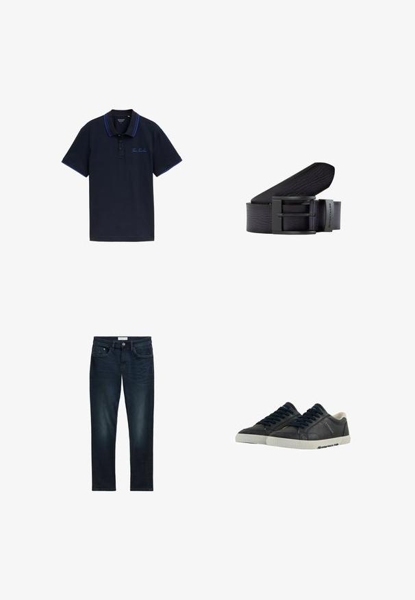 Marineblå polo-shirt med en to-knaps placket, kontrasterende blå krave og ærmekanter, samt broderet "Tom Tailor" logo på brystet.; Mørkeblå denim jeans med slim fit, der har fem lommer, knaplukning og diskret falmning foran for tekstur.; Marine læder sneakers med hvide gummisåler, rund tå og sorte snørebånd. Subtile teksturer og branding på siderne. Casual design.; Sort læderbælte med en struktureret overflade, der har en rektangulær sort metalspænde og et brandet accent. Glatte kanter og lagdelt design.
