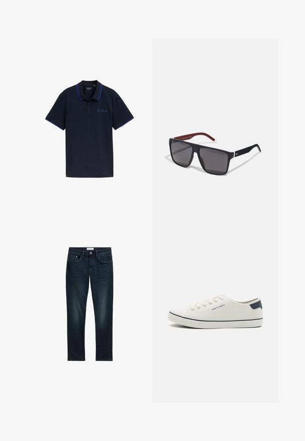 Marineblå polo-shirt med en to-knaps placket, kontrasterende blå krave og ærmekanter, samt broderet "Tom Tailor" logo på brystet.; Mørkeblå denim jeans med slim fit, der har fem lommer, knaplukning og diskret falmning foran for tekstur.; Canvas sneakers i off-white med navy accenter, med rund tå, snørrestruktur og struktureret gummisål. Enkel og ren æstetik.; Tommy Hilfiger Solbriller - matte blue