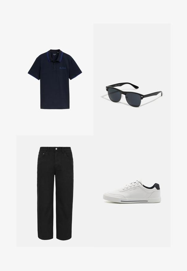 Marineblaues Poloshirt mit einer Zwei-Knopf-Leiste, kontrastierenden blauen Kragen- und Ärmeldetails sowie gesticktem "Tom Tailor"-Logo auf der Brust.; Schwarze gerade geschnittene Hose mit vorderer Knopf- und Reißverschluss, Gürtelschlaufen und drei vorderen Taschen auf hellem einfarbigem Hintergrund.; Weiße Sneakers mit einem glatten synthetischen Obermaterial, runder Spitze, Schnürdesign, marineblauem Akzent an der Ferse und einer strukturierten Gummisohle mit einem schwarzen Streifen.; Schwarze Sonnenbrille mit rechteckiger Form, dunklen Gläsern, silbernen Akzenten an den Bügeln und mattierter Oberfläche des Rahmens.