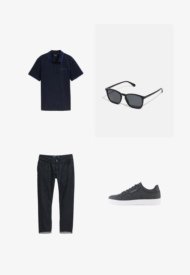 Marineblaues Poloshirt mit einer Zwei-Knopf-Leiste, kontrastierenden blauen Kragen- und Ärmeldetails sowie gesticktem "Tom Tailor"-Logo auf der Brust.; Dunkelblaue Jeans mit Slim-Fit, mit hochgekrempelten Säumen, klassischem Fünf-Taschen-Design und Knopfverschluss, vor einem weißen Hintergrund.; Schwarzer Sneaker mit niedrigem Schaft, weißer Sohle, Schnürung vorne und dezentem "Tom Tailor" Branding an der Seite und Zunge.; Schwarze rechteckige Sonnenbrille mit dunklen Gläsern, schlanken Kunststoffgestellen und geraden Bügeln. Mit einem subtilen Logo an der Seite.