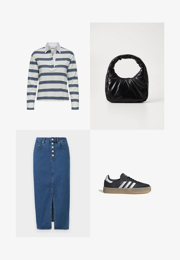 Polo de manga larga con base blanca y franjas horizontales en azul marino y azul claro. Destaca el cuello blanco y su textura suave de algodón.; Falda midi de mezclilla azul con abertura frontal, cierre de botones y diseño de cinco bolsillos.; Zapatilla deportiva de cuero negro con tres rayas plateadas, punta texturizada y suela de goma. Cuenta con un collar acolchado y un diseño con cordones.; Bolso negro acolchado con un asa redondeada, que presenta una superficie lisa y brillante y una textura suave y acolchada. Sin herrajes ni acentos visibles.