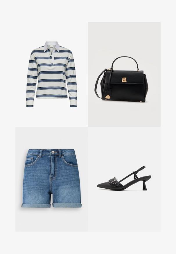 Poloshirt met lange mouwen, witte basis met marineblauwe en lichtblauwe horizontale strepen. Opvallende witte kraag en zachte katoenen textuur.; Blauwe denimshorts met omgeslagen zomen, vooraan knoop- en ritssluiting, taillebandlussen en voor- en muntzakken.; Simmi London DALA - Klassieke pumps - black; Zwarte leren handtas met bovenhandvat, klep met gouden sluiting en afneembare schouderriem tegen een witte achtergrond.