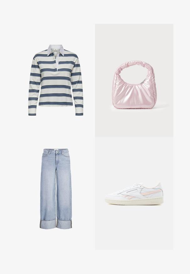 Langærmet polo-shirt med hvid bund og horisontale striber i marineblå og lyseblå. Bemærkelsesværdig hvid krave og blød bomuldstekstur.; Lyseblå vidbenet denimjeans med optrukne kanter, forreste knap og lynlås, bæltestropper og forlommer.; Lavlavet hvid sneaker med lyserøde accenter, perforerede detaljer og tekstureret beige sål, vist i højre sideprofil på grå baggrund.; Rosa, polstret håndtaske med afrundet design, lavet af skinnende materiale. Har et samlet håndtag og en lynlås til sikker adgang.