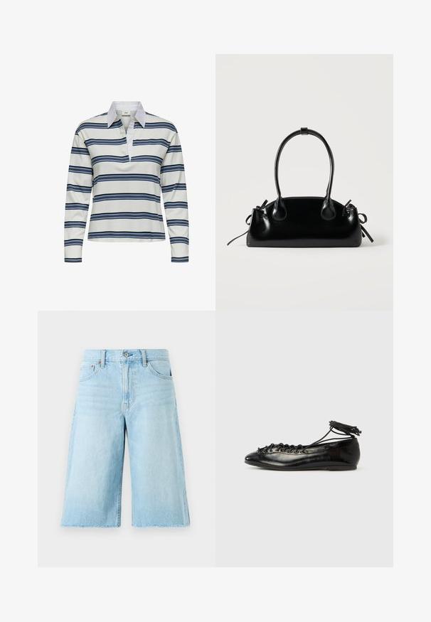 Polo à manches longues présentant une base blanche avec des rayures horizontales bleu marine et bleu clair. Col blanc distinctif et texture douce en coton.; Shorts en denim bleu clair avec une coupe ample, ourlet effiloché, cinq poches et quincaillerie en métal. Design classique de jeans avec un dégradé subtil.; Ballerines en cuir verni noir avec un bout rond, un design à lacets et une semelle plate. Texture lisse avec peu de détails.; Petit sac à main noir brillant avec deux longues anses et des détails à cordon sur les côtés sur un fond clair uni.