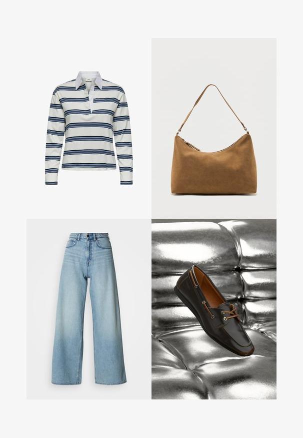 Langarm-Poloshirt mit weißem Grund und horizontalen Streifen in Marineblau und Hellblau. Auffälliger weißer Kragen und weiche Baumwolltextur.; Hellblaue, hoch taillierte Jeans mit weitem Bein aus Denim, mit Fünf-Taschen-Design und subtiler Färbung für Struktur.; Brauner Leder-Schlüpfschuh mit hellbraunen Akzenten und metallischen Ösen, ausgestattet mit einer abgerundeten Zehenpartie und glatter Textur, vor einem glänzenden silbernen Hintergrund.; Braune Wildleder-Umhängetasche mit einem einzelnen Träger und einem Reißverschluss oben, präsentiert vor einem schlichten weißen Hintergrund.