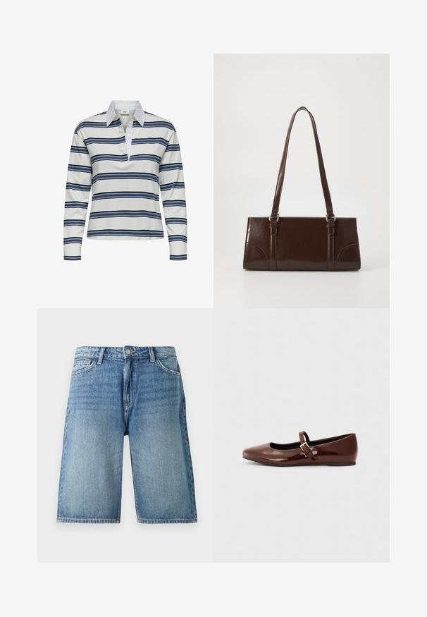 Langarm-Poloshirt mit weißem Grund und horizontalen Streifen in Marineblau und Hellblau. Auffälliger weißer Kragen und weiche Baumwolltextur.; Blaue Jeans-Shorts knielang mit vorderem Knopf und Reißverschluss, Gürtelschlaufen und seitlichen Taschen, dargestellt auf weißem Hintergrund.; Braune Lackleder-Ballerinas mit quadratischer Zehenform und Riemen mit einer kleinen goldenen Schnalle. Glatte Textur, niedriger Absatz und minimalistisches Design.; Braune Lackleder-Handtasche in rechteckiger Form, mit zwei langen Griffen und subtilen, geschwungenen Akzenten auf der Vorderseite.