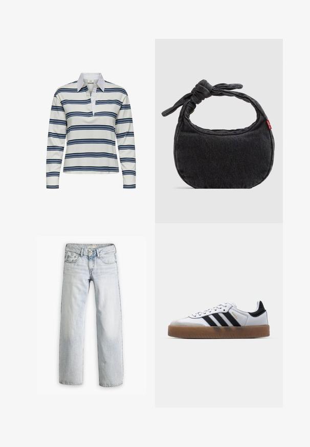 Poloshirt met lange mouwen, witte basis met marineblauwe en lichtblauwe horizontale strepen. Opvallende witte kraag en zachte katoenen textuur.; Lichtblauwe denim jeans met een ontspannen pasvorm, hoge taille en vijf-pocket ontwerp. Bevat stikaccenten en een knopenfly-sluiting.; Witte leren sneakers met zwarte strepen, gumrubberen buitenzool, ronde neus, vetersluiting en een zachte grijze suède neuskap.; Kleine zwarte denim schoudertas met een gestrikte riem en ritssluiting, met een rood Levi's stoffen label aan de zijkant.
